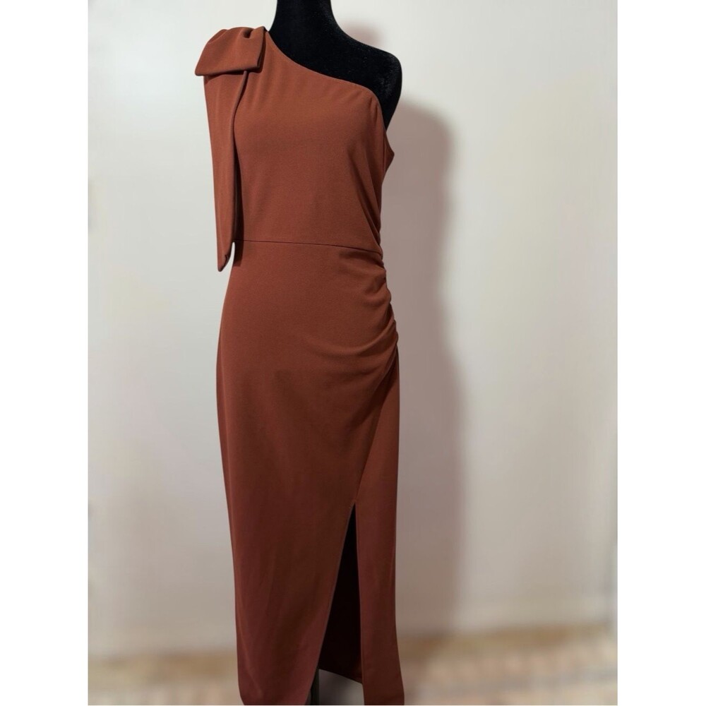 PrettyGarden Womens Small One Shoulder Bow Midi Dress Brown Ruched Cocktail